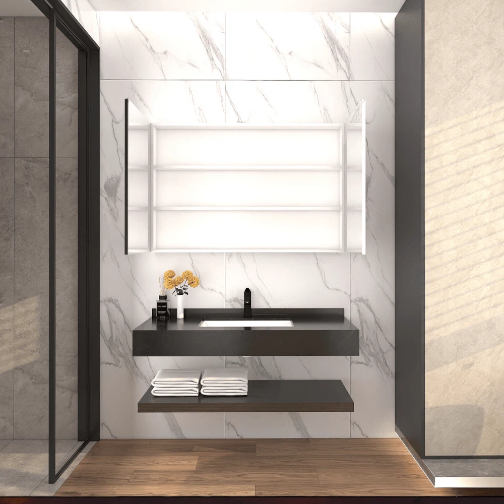 Modern Stone Top Bathroom Vanity Unit with black countertop and wall-mounted design. Modern Stone Top Bathroom Vanity Unit with black countertop and wall-mounted design.