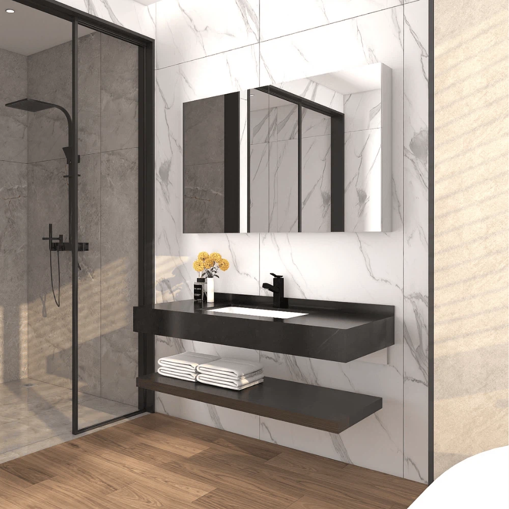 Side view of Stone Top Bathroom Vanity Unit with black faucet and marble wall background. Side view of Stone Top Bathroom Vanity Unit with black faucet and marble wall background.