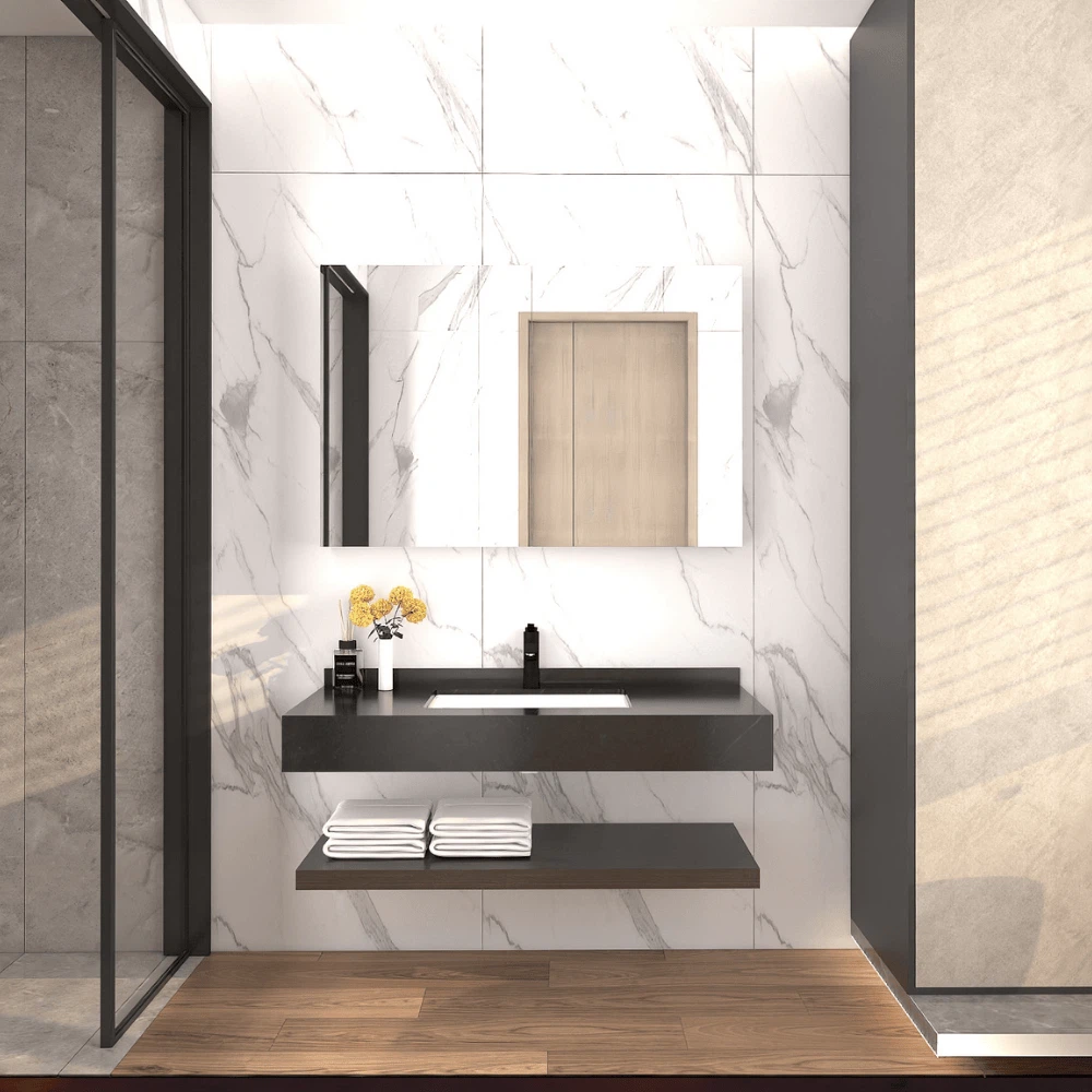 Minimalist bathroom vanity with stone countertop and wooden open shelf. Minimalist bathroom vanity with stone countertop and wooden open shelf.