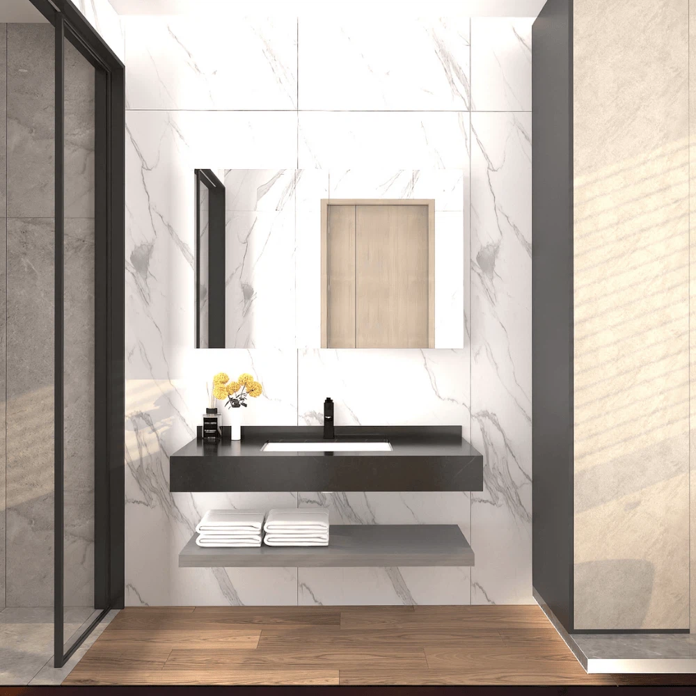 Floating Stone Top Bathroom Vanity Unit in modern marble-tiled bathroom. Floating Stone Top Bathroom Vanity Unit in modern marble-tiled bathroom.